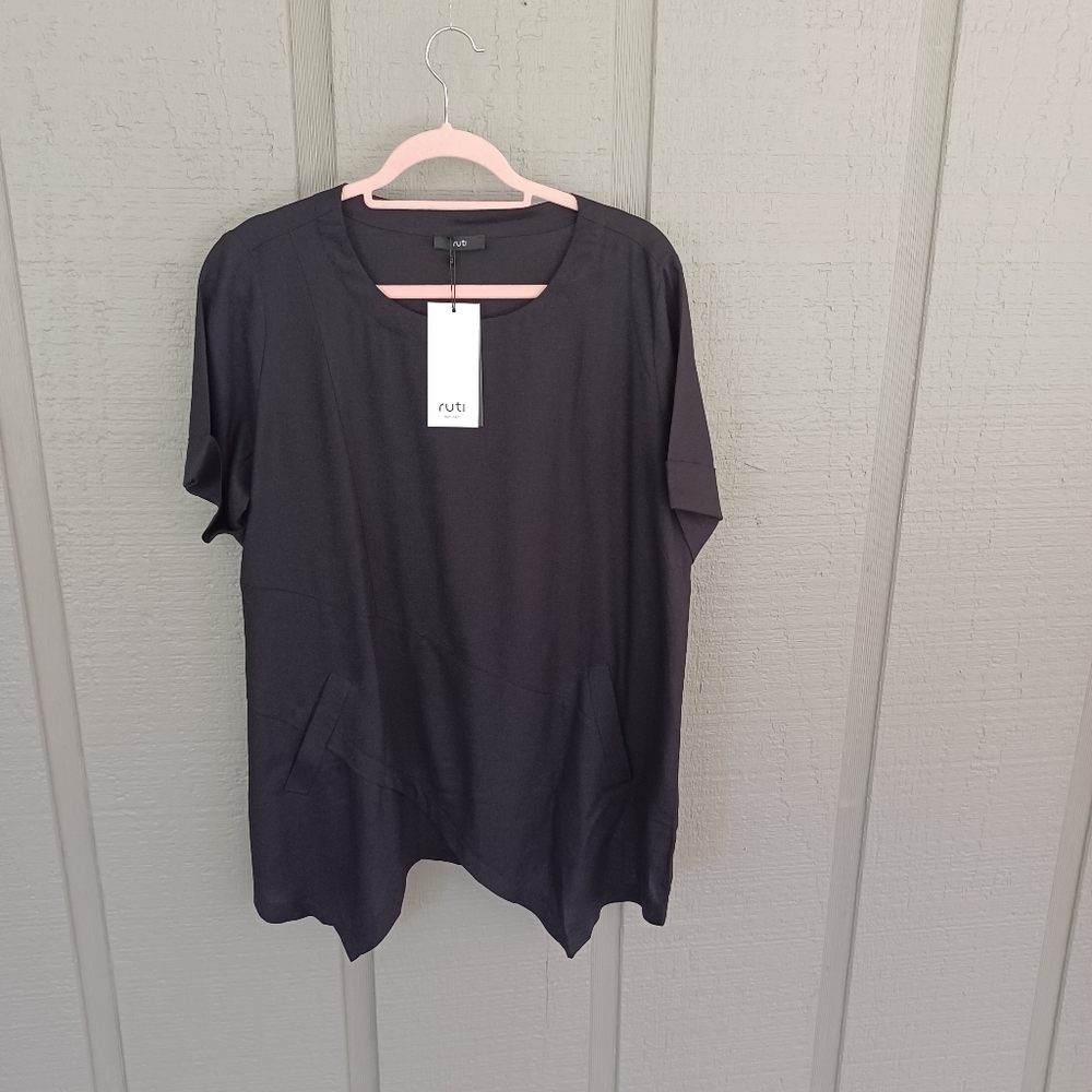 Ruti Breezy Asymmetric Viscose Linen Top Size S M  Women Lagenlook Pocket Black
